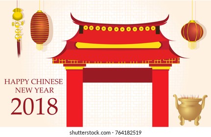 Happy Chinese new year 2018 with temple gate building and hanging lantern. Vector design