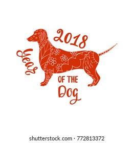 Happy Chinese New Year 2018. Dachshund dog in zentangle style. Illustration for the New Year's design