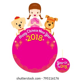 Happy Chinese New Year 2018 Texts With Kids And Dogs On Circle Frame Decoration, Traditional Celebration, China, Spring Festival, Animal