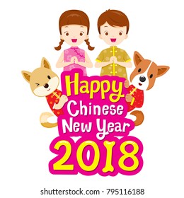 Happy Chinese New Year 2018 Texts With Kids And Dogs, Traditional Celebration, China, Spring Festival, Animal