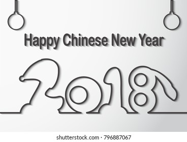 Happy Chinese New year 2018, The year of the dog. Vector design with line art on white and grey background. 