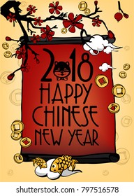 Happy Chinese new year 2018 card is scroll in frame with cherry flowers,lantern,clouds,coins, fish, vector illustration