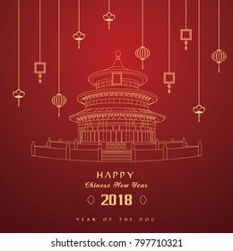 Happy Chinese New Year 2018 with Outline Temple and Red Background