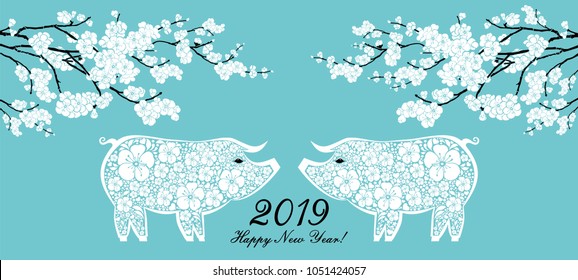 Happy Chinese new year 2019 card. Celebration mint background with pigs, flower and place for your text. Vector Illustration