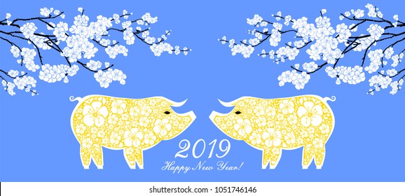 Happy Chinese new year 2019 card. Celebration background with pigs, flower and place for your text. Vector Illustration