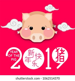 Happy Chinese new year 2019, year of the pig with cute cartoon pig and clouds.  Chinese wording translation: happy Chinese new year & pig.