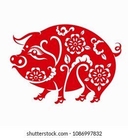 Happy chinese new year 2019 Zodiac sign year of the pig with Paper cut art and craft style on color Background.