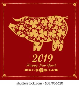 Happy Chinese New Year 2019 year of the pig. Lunar new year. Celebration red background with Gold pig, flower, frame and place for your text. Vector Illustration