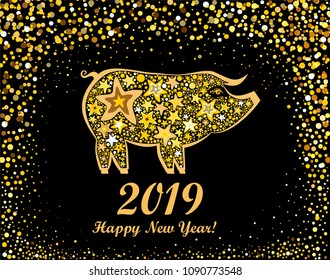 Happy Chinese New Year 2019 year of the pig. Lunar new year. Celebration black background with Gold pig, star and place for your text. Vector Illustration