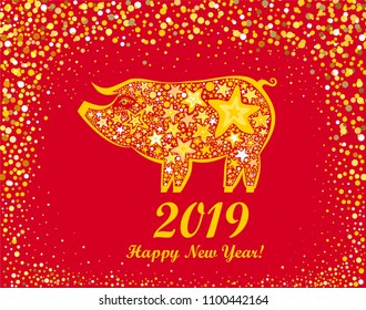 Happy Chinese New Year 2019 year of the pig. Lunar new year. Celebration red background with Gold pig, star and place for your text. Illustration