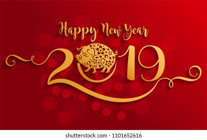 Happy chinese new year 2019 Zodiac sign with gold paper cut art and craft style on color Background. 