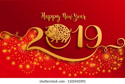 Happy chinese new year 2019 Zodiac of the pig sign with gold paper cut art and craft style on color Background.