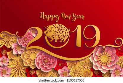 Happy chinese new year 2019 Zodiac sign with gold paper cut art and craft style on color Background.(Chinese Translation : Year of the pig)