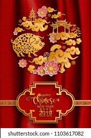 Happy chinese new year 2019 Zodiac sign with gold paper cut art and craft style on color Background.(Chinese Translation : Year of the pig)