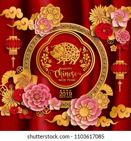 Happy chinese new year 2019 Zodiac sign with gold paper cut art and craft style on color Background.(Chinese Translation : Year of the pig)