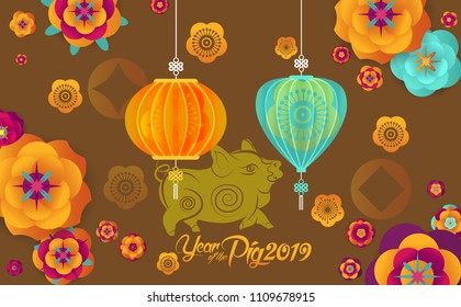 Happy Chinese New Year 2019 design, cute pig. Happy pig year in Chinese words, fuchsia background