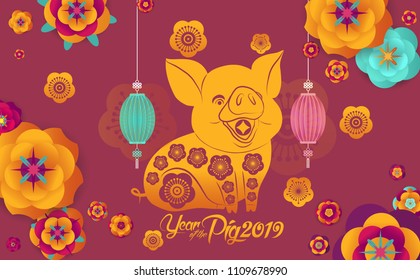Happy Chinese New Year 2019 design, cute pig. Happy pig year in Chinese words, fuchsia background