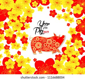 Happy chinese new year 2019 Zodiac sign with gold paper cut art and craft style on color Background