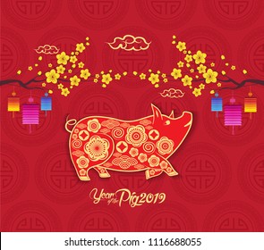 Happy Chinese New Year 2019 year of the pig paper cut style. Zodiac sign for greetings card, flyers, invitation, posters, brochure, banners, calendar