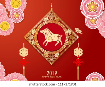 Happy Chinese new year 2019. Year of the pig. With paper art and craft style on red color background.