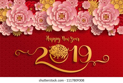 Happy chinese new year 2019 Zodiac sign with gold paper cut art and craft style on color Background.(Chinese Translation : Year of the pig)