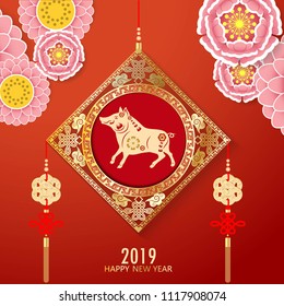 Happy Chinese new year 2019. Year of the pig. With paper art and craft style on red color background.