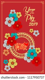 Happy Chinese New Year 2019 year of the pig paper cut style. Zodiac sign for greetings card, flyers, invitation, posters, brochure, banners, calendar