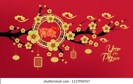 Happy Chinese New Year 2019 year of the pig paper cut style. Zodiac sign for greetings card, flyers, invitation, posters, brochure, banners, calendar