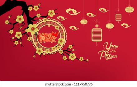 Happy Chinese New Year 2019 year of the pig paper cut style. Zodiac sign for greetings card, flyers, invitation, posters, brochure, banners, calendar