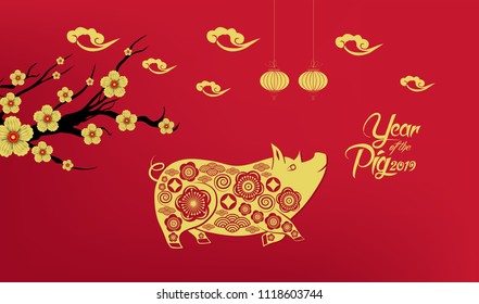 Happy Chinese New Year 2019 year of the pig paper cut style. Zodiac sign for greetings card, flyers, invitation, posters, brochure, banners, calendar