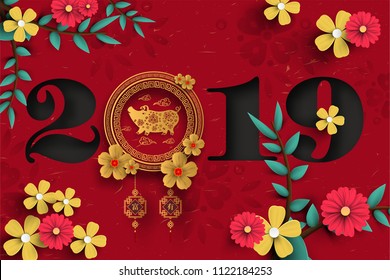 Happy Chinese New Year 2019 year of the pig paper cut style. Chinese characters mean Happy New Year, wealthy, Zodiac sign for greetings card, flyers, invitation, posters, brochure, banners, calendar.