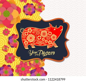 Happy chinese new year 2019 Zodiac sign with gold paper cut art and craft style on color Background