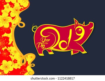Happy chinese new year 2019 Zodiac sign with gold paper cut art and craft style on color Background
