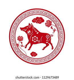 Happy Chinese new year 2019. Year of the pig. Red sticker vector illustration.