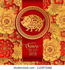 Happy chinese new year 2019 Zodiac sign with gold paper cut art and craft style on color Background.(Chinese Translation : Year of the pig)