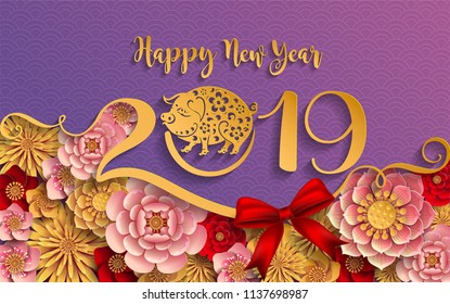 Happy chinese new year 2019 Zodiac sign with gold paper cut art and craft style on color Background.(Chinese Translation : Year of the pig)