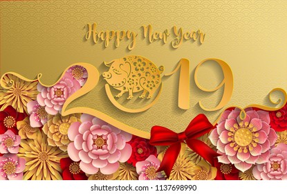 Happy chinese new year 2019 Zodiac sign with gold paper cut art and craft style on color Background.(Chinese Translation : Year of the pig)