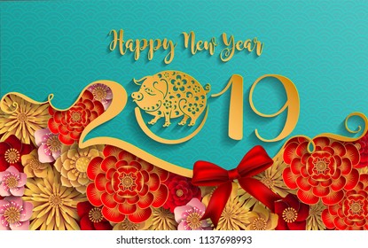Happy chinese new year 2019 Zodiac sign with gold paper cut art and craft style on color Background.(Chinese Translation : Year of the pig) Happy chinese new year 2019 Zodiac sign with gold paper cut art and craft style on color Background.(Chinese Translation : Year of the pig)
