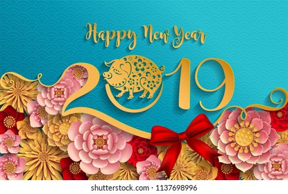 Happy chinese new year 2019 Zodiac sign with gold paper cut art and craft style on color Background.(Chinese Translation : Year of the pig)