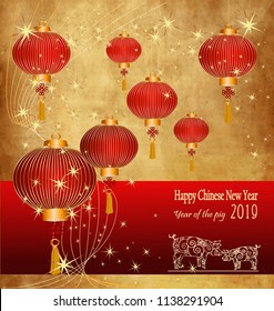 Happy Chinese New Year 2019 year of the pig. Zodiac sign for greetings card,Background with Chinese lanternes
