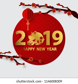 Happy chinese new year 2019 banner card pig gold vector graphic and background
