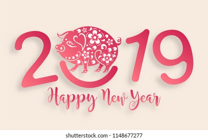 Happy chinese new year 2019 Zodiac sign with red paper cut art and craft style on color Background.(Chinese Translation : Year of the pig)