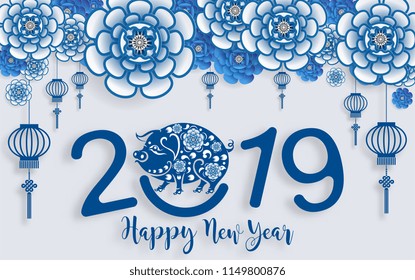 Happy chinese new year 2019 Zodiac sign with paper cut art porcelain and craft style on color Background.(Chinese Translation : Year of the pig)