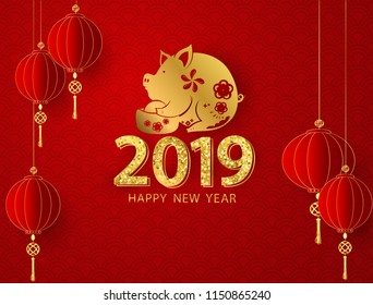 Happy chinese new year 2019 banner card pig gold vector graphic and background