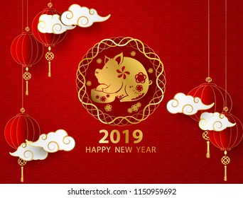 Happy chinese new year 2019 banner card pig gold vector graphic and background