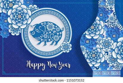 Happy chinese new year 2019 Zodiac sign with paper cut art porcelain ceramic and craft style on color Background. (Chinese Translation : Year of the pig)