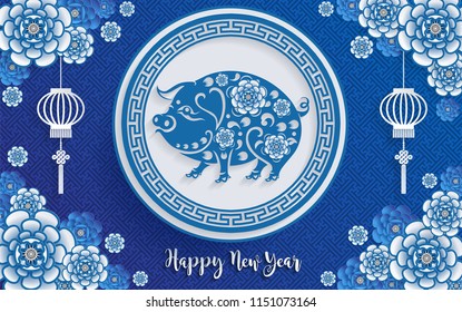 Happy chinese new year 2019 Zodiac sign with paper cut art porcelain ceramic and craft style on color Background. (Chinese Translation : Year of the pig)