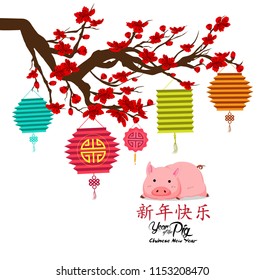 Happy Chinese new year 2019, year of the pig with cute cartoon pig. Chinese wording translation happy Chinese new year