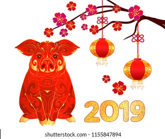 Happy Chinese New Year 2019, lunar year of the Pig. Decorative ornamented zodiac sign Pig and chinese lantern.