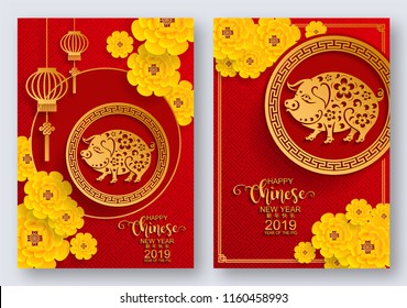 Happy chinese new year 2019 Zodiac sign with gold paper cut art and craft style on color Background.(Chinese Translation : Year of the pig)